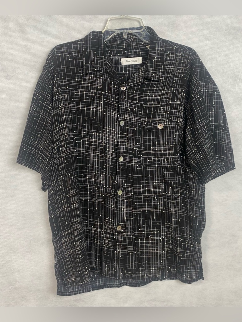 Vtg Linea Dome Rayon Shirt Men’s Large Black Geometric Short Sleeve Button Up